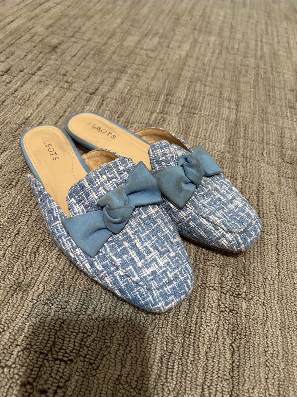 Talbots Light Blue Tweed Bow Slip-On Mules leather sole 7.5